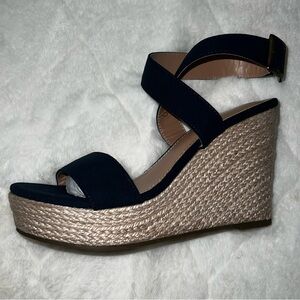 Navy Blue Buckle Strap Wedge Straw New In Box Size 7
